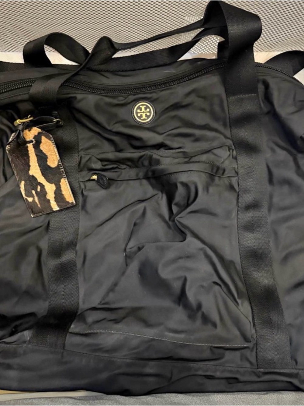 Tory Burch Black Nylon Duffel with Gold Logo and Leopard Tag